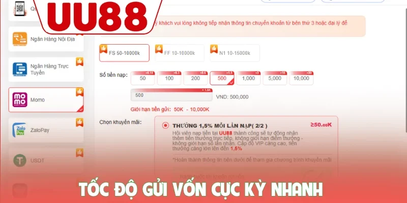 Nạp Tiền UU88 - Hướng Dẫn Chi Tiết, Nhận Trọn Ưu Đãi 88K 2 Tốc độ gửi vốn cực kỳ nhanh